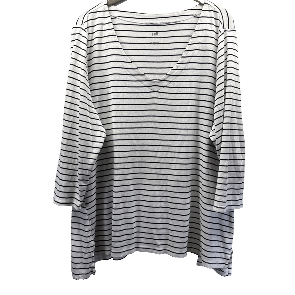 J Jill Womens XL Black White Stripe V Neck 100% Pima Cotton 3/4 Sleeve Top
